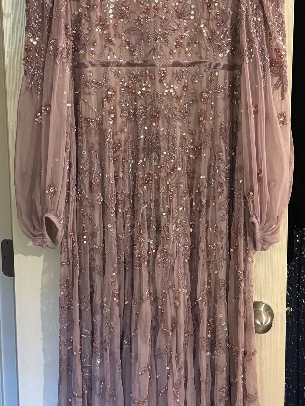Mac Duggal Mauve Beaded Long-Sleeve Gown
